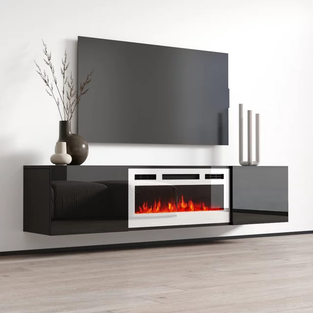 72" High Gloss Floating Fireplace TV Stand, Modern Wall-Mounted Design ...