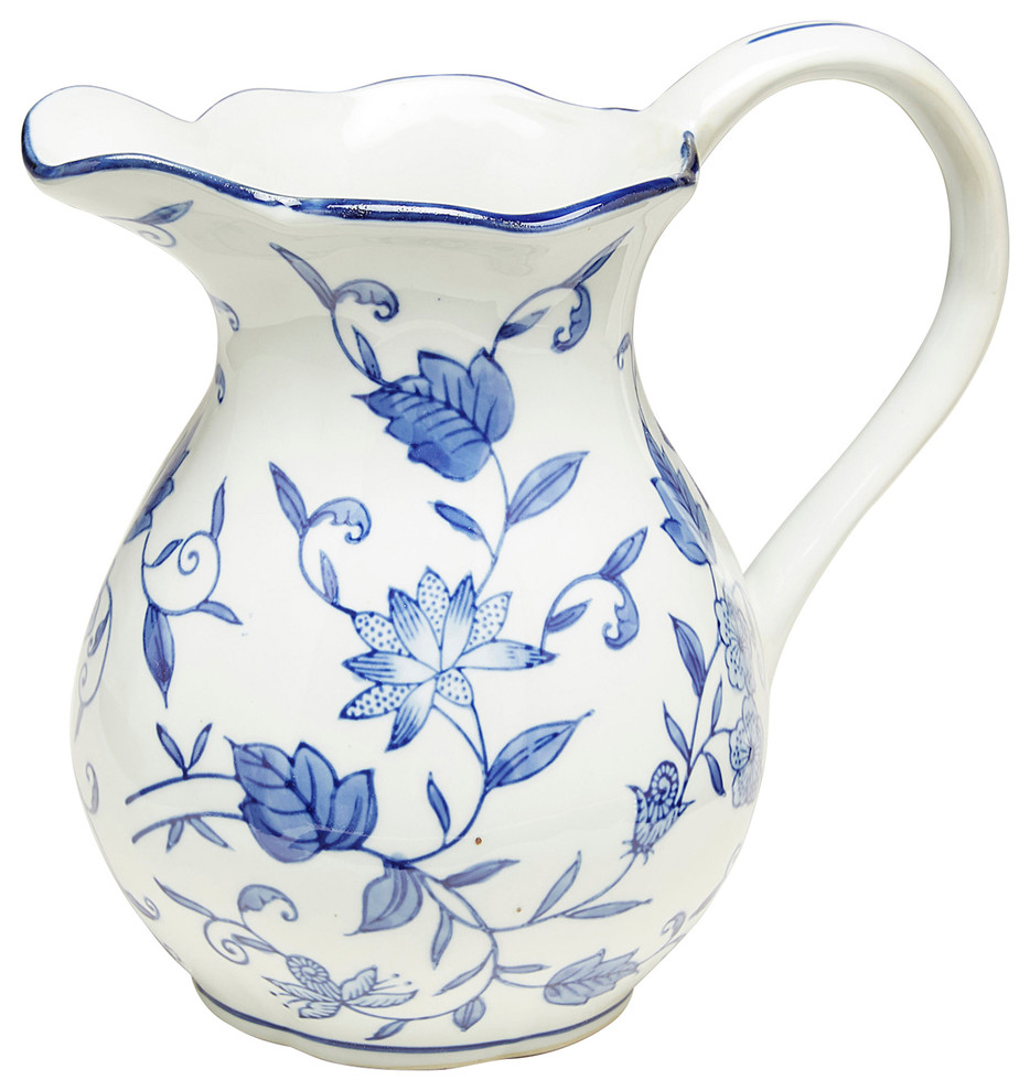 Ceramic  White Jug/ Pitcher  Flower Vase with Decorated Fleur De Lis Design 
