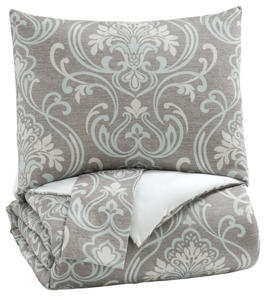 Benzara BM227133 Fabric King Size Quilt Set Scroll Floral Motifs & 2