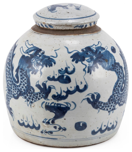 Blue & White Vintage Ming Jar Dragon Motif, Large Asian Decorative