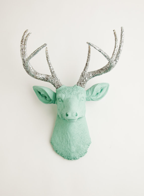 Seafoam Green, Silver Glitter Antlers Resin Deer Head by White Faux Taxidermy