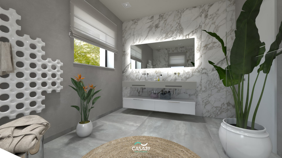 Foto di una stanza da bagno minimal con piastrelle in gres porcellanato e pavimento in gres porcellanato