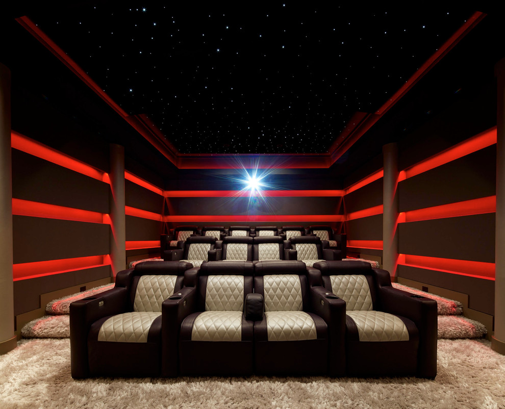 Design ideas for a mid-sized modern enclosed home theatre in New York with carpet, beige floor, purple walls and a built-in media wall.