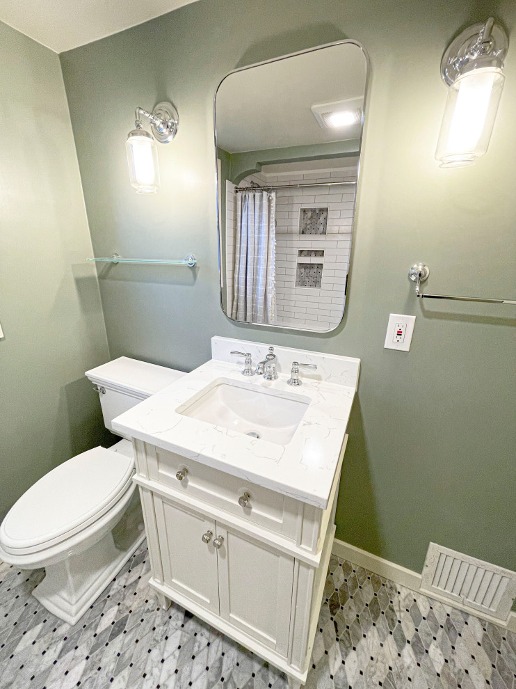 Photo of a bathroom in Seattle with a drop-in tub, a shower/bathtub combo, a one-piece toilet, multi-coloured floor, a shower curtain, a single vanity, a freestanding vanity and wood.