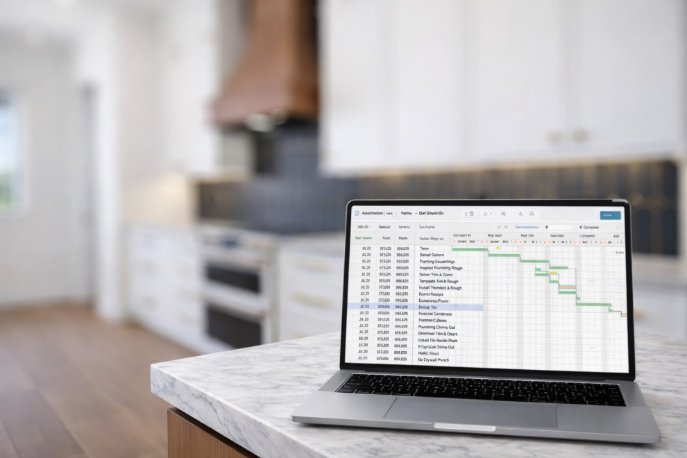 A project planning schedule displayed on a laptop in a finished kitchen, illustrating how thoughtful planning and timelines guide successful home and condo remodels in Sarasota and Venice.