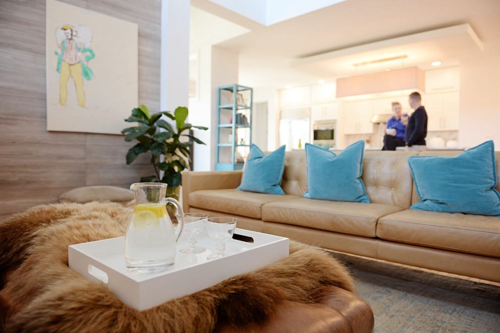 Example of a large danish formal and loft-style light wood floor and beige floor living room design in Other with white walls, a ribbon fireplace, a stone fireplace and no tv