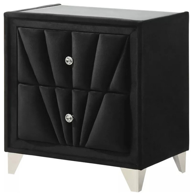 2 Drawers Upholstered Nightstand With Crystallike Acrylic Knobs, Black