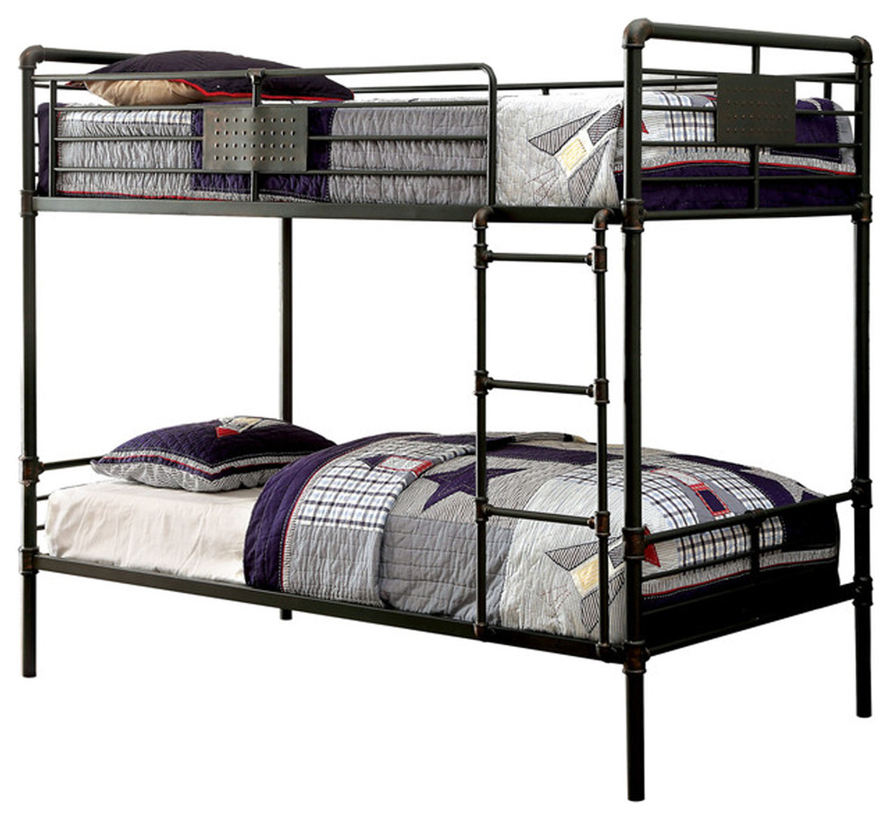 Industrial Design Twin Size Metal Bunk Bed, Black Industrial Bunk