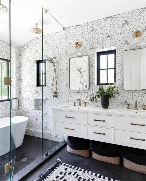 Modern Contrast: White Ceramic Shower Tiles Meet Black Hexagon Bathroom Floors