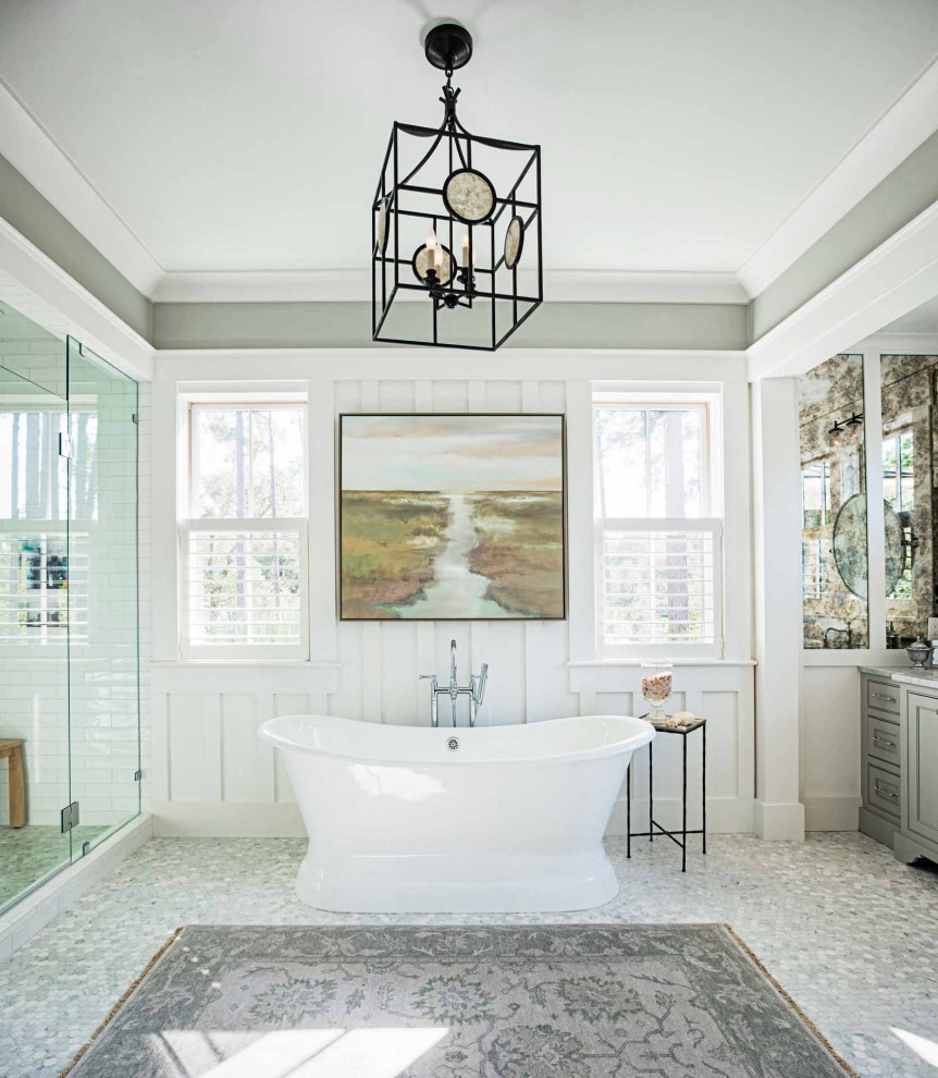 Bathroom - master marble floor, double-sink and wainscoting bathroom idea in Other with recessed-panel cabinets, gray cabinets, a one-piece toilet, white walls, an undermount sink, marble countertops, a hinged shower door and a freestanding vanity