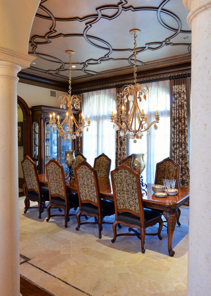 Design ideas for a large traditional open plan dining in Dallas with brown walls, limestone floors and no fireplace.