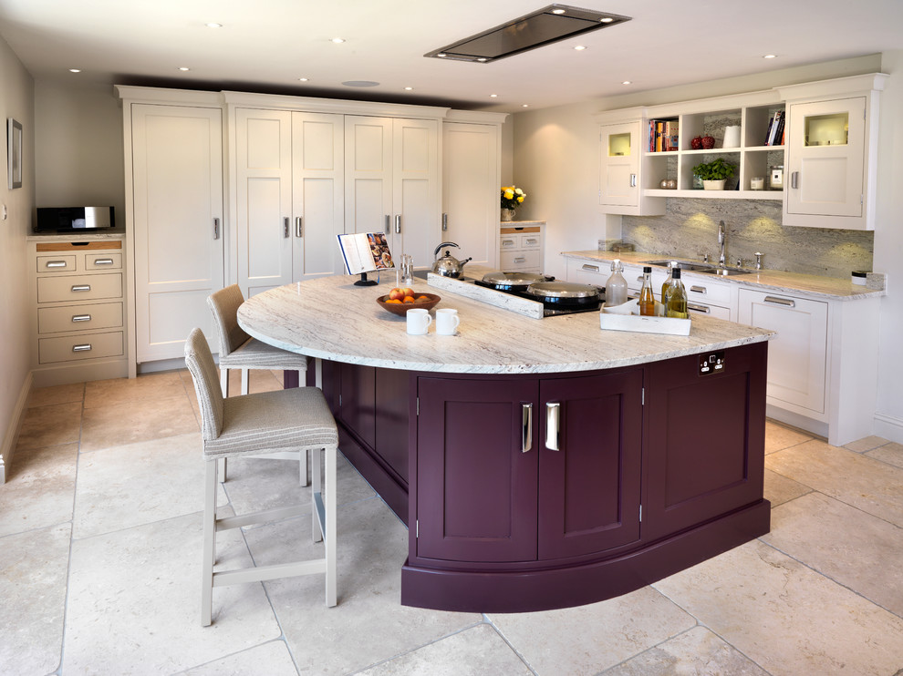 Inspiration for a large transitional l-shaped kitchen in Other with an undermount sink, shaker cabinets, white cabinets, marble benchtops, grey splashback, stone slab splashback, panelled appliances and with island.