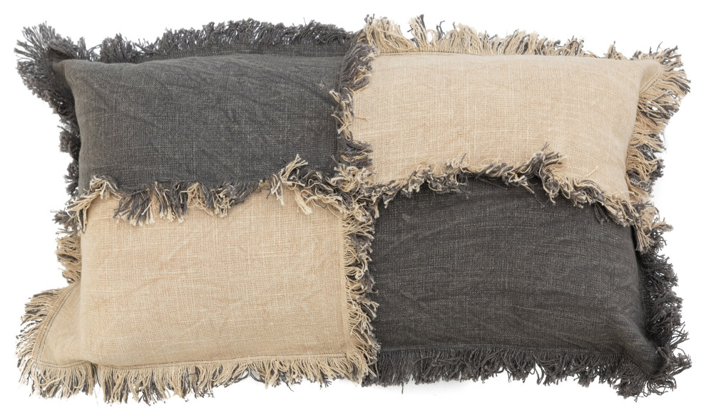 Woven Cotton Slub Color Block Lumbar Pillow with Fringe, Beige and Charcoal