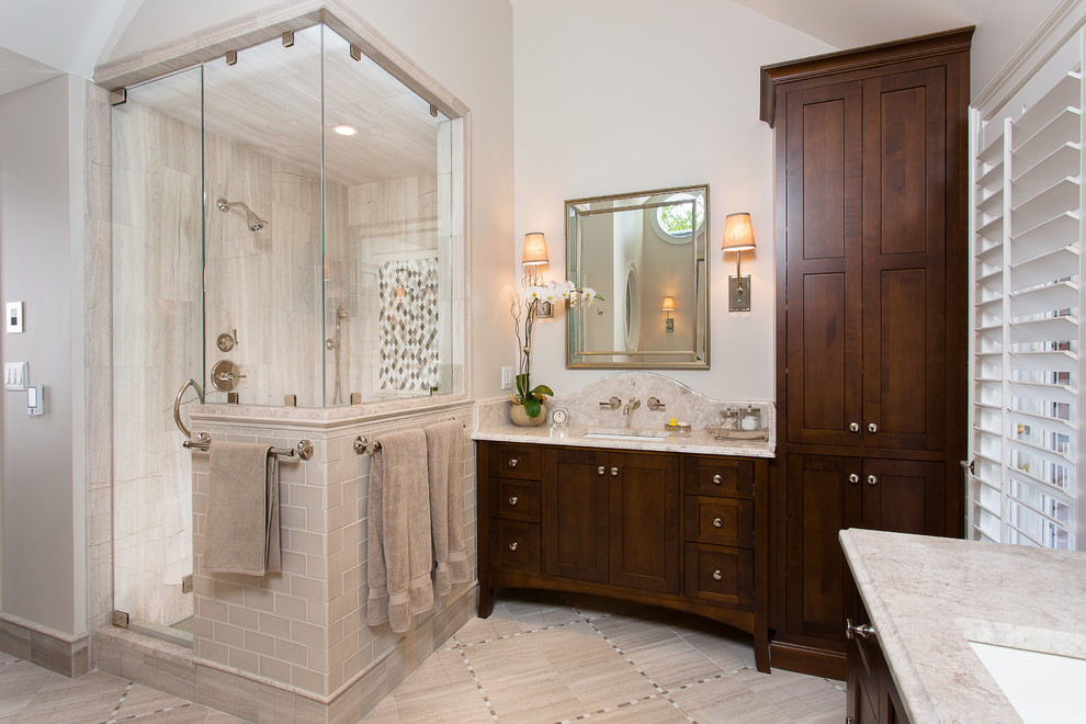 Design ideas for a traditional bathroom in San Francisco with a freestanding tub and subway tile.