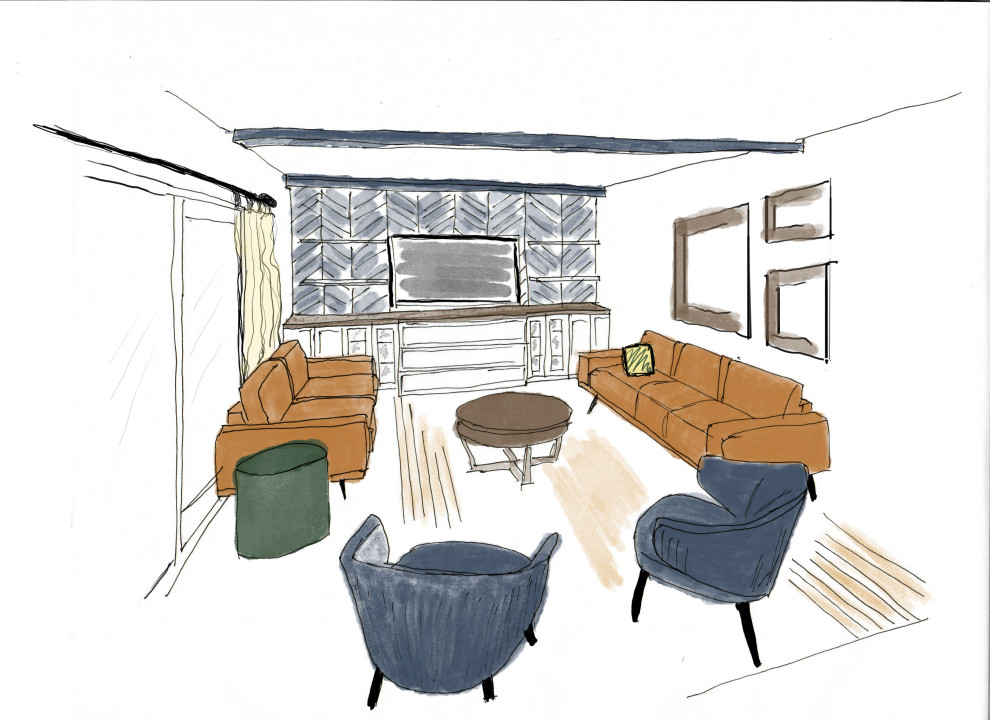 Ejemplo de sala de estar abierta nórdica pequeña con paredes azules, suelo de madera en tonos medios, televisor colgado en la pared, suelo marrón y machihembrado