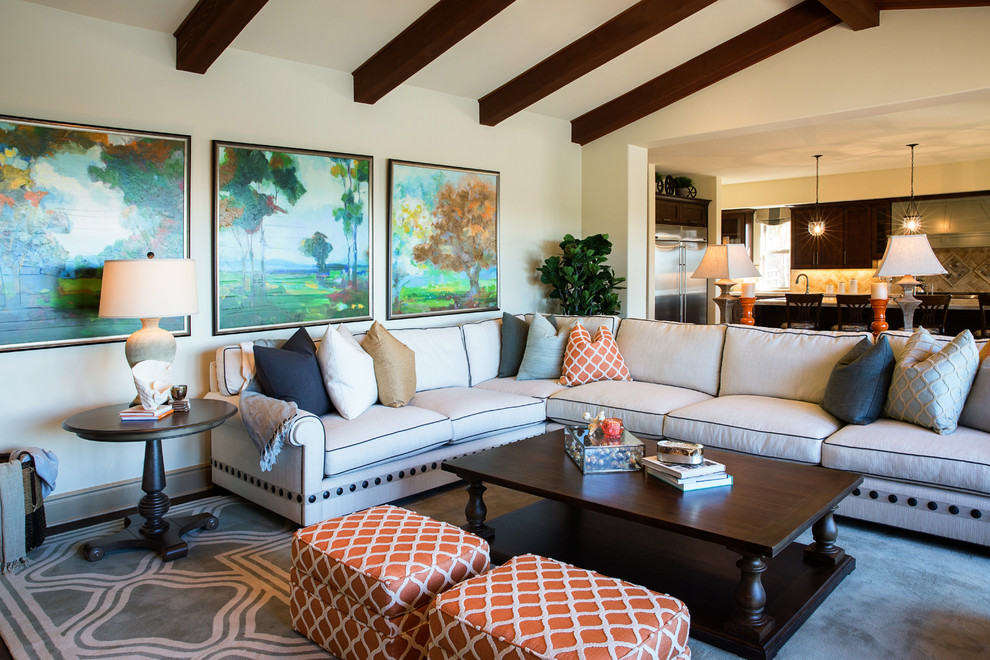 Large transitional open concept living room in San Diego with beige walls.