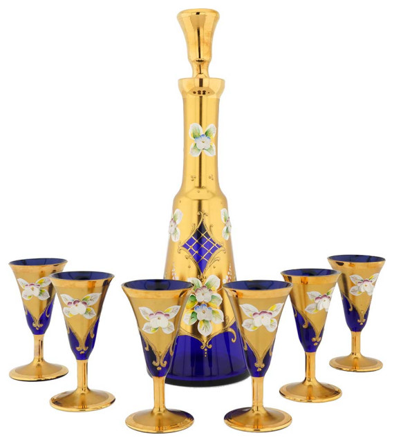 GlassOfVenice Murano Glass Decanter Set With Six Small Glasses 24K Gold ...