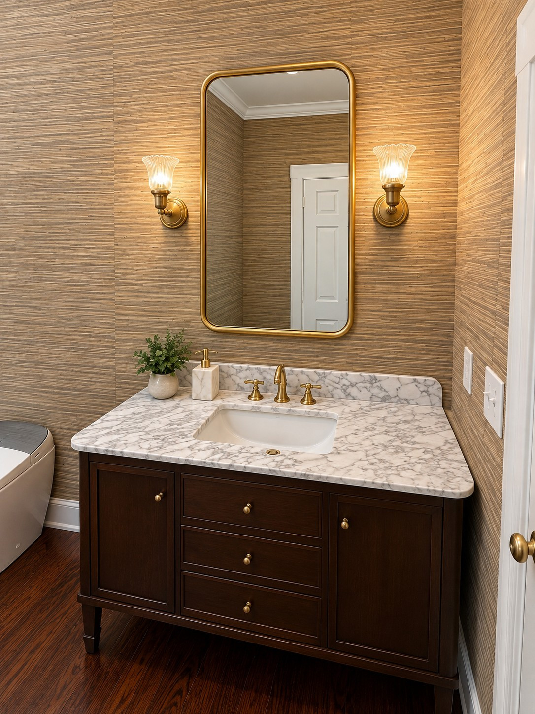 Elegant Transitional Guest Bathroom with Grasscloth Wallpaper
