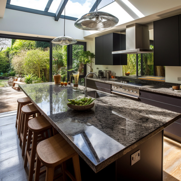 Large contemporary single-wall kitchen/diner in Other with a built-in sink, flat-panel cabinets, granite worktops, dark hardwood flooring, an island, brown floors, black worktops and black cabinets.