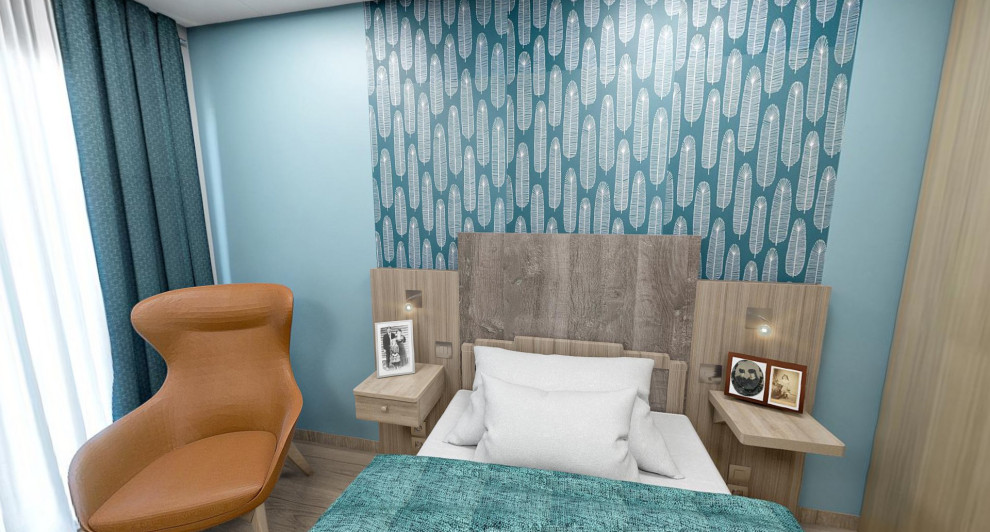 Idee per una camera da letto contemporanea di medie dimensioni con pareti verdi, pavimento in linoleum, pavimento beige e carta da parati