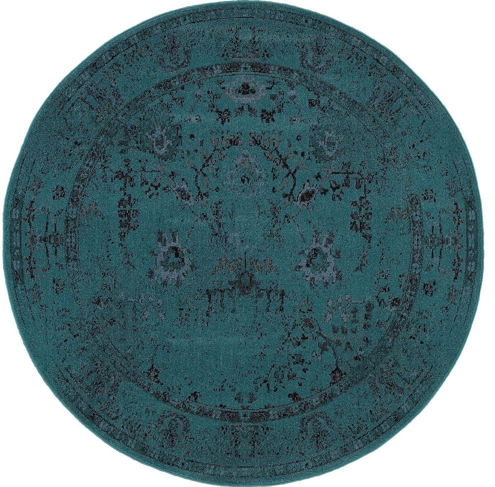 Ophelia Overdyed Traditional Teal and Gray Rug, 7'8" Round