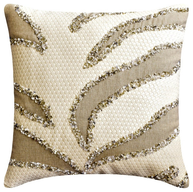 White Linen Leather Sequins Beaded & Applique 14"x14" Pillow Cover - Animal Spur