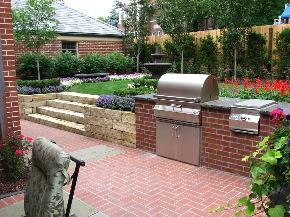 Mid-sized traditional backyard partial sun formal garden in Omaha with natural stone pavers for summer.