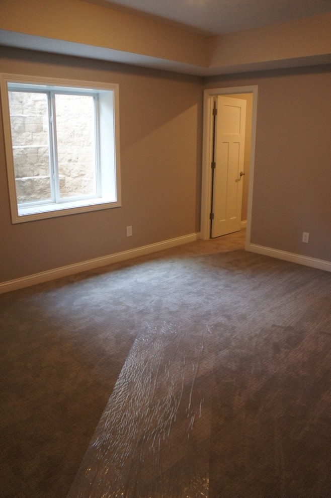 Basement - large transitional look-out carpeted basement idea with beige walls