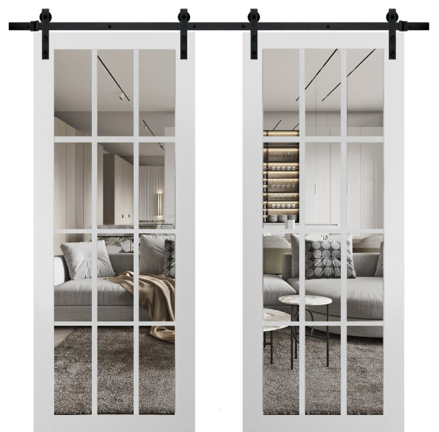 Double Barn Door 36 x 80 With Clear Glass, Felicia 3355 Matte White, 13FT Kit