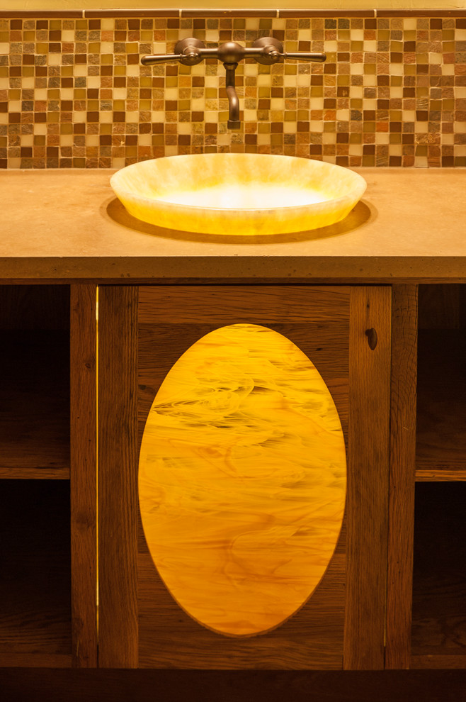 Bathroom - mid-sized rustic 3/4 white tile and ceramic tile ceramic tile and white floor bathroom idea in Seattle with flat-panel cabinets, medium tone wood cabinets, beige walls, solid surface countertops and a vessel sink