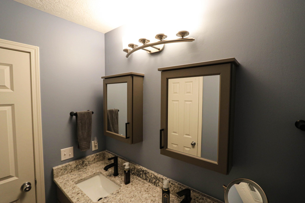 Small transitional kids bathroom in Cleveland with flat-panel cabinets, grey cabinets, engineered quartz benchtops, beige benchtops, a double vanity and a freestanding vanity.