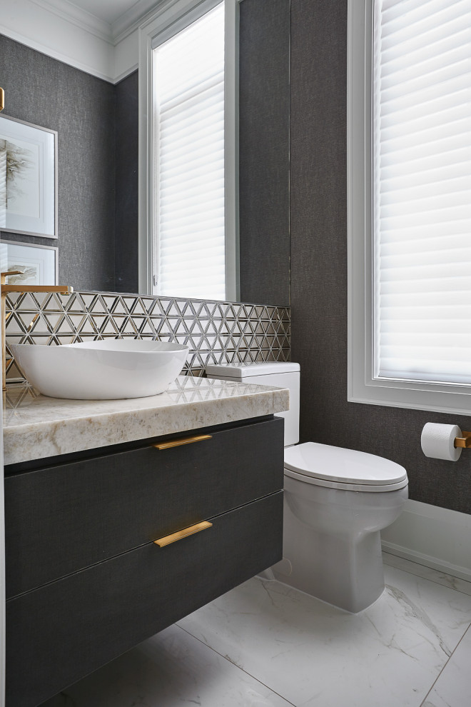 Photo of a medium sized traditional bathroom in Toronto with dark wood cabinets, brown walls, porcelain flooring, a vessel sink, white floors, white worktops, a single sink and a floating vanity unit.
