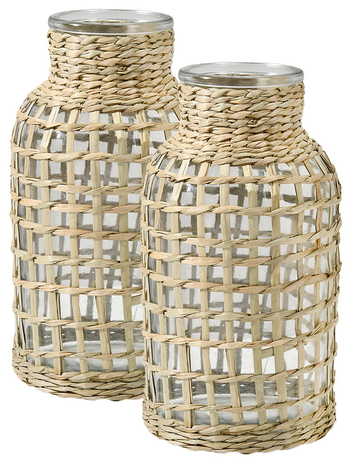 Serene Spaces Living Natural Rattan Wrapped Glass Bottle Vase, Small, Set of 2