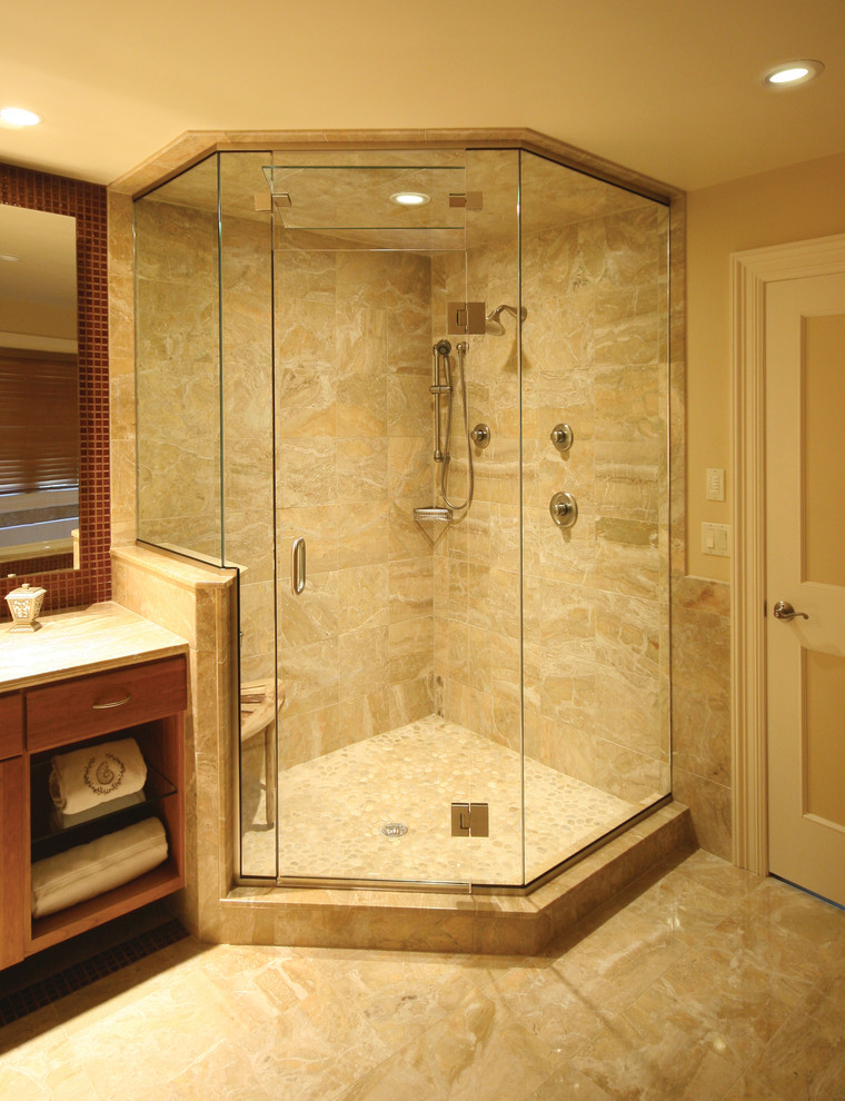 Mid-sized contemporary master bathroom in New York with open cabinets, an alcove shower, beige tile, marble, beige walls, marble floors, beige floor and a hinged shower door.