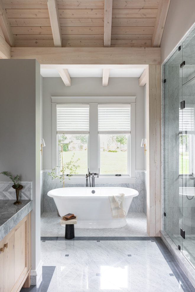 Bathroom - large french country exposed beam bathroom idea in Vancouver