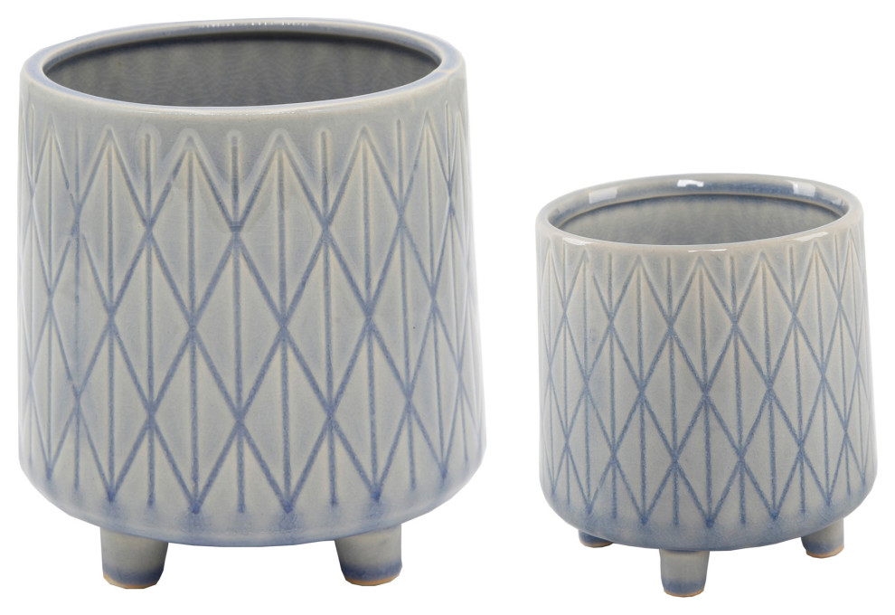 6" & 4.5" Diamond Line Ceramic Planter With Legs, Set Of 2,Glass Blue