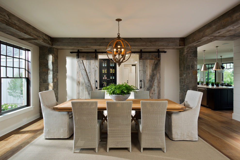Design ideas for a country dining room in New York with beige walls and medium hardwood floors.