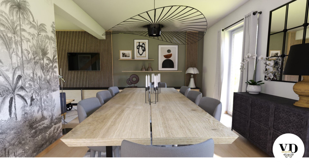 Идея дизайна: гостиная-столовая среднего размера в стиле неоклассика (современная классика) с зелеными стенами, светлым паркетным полом, бежевым полом и обоями на стенах без камина