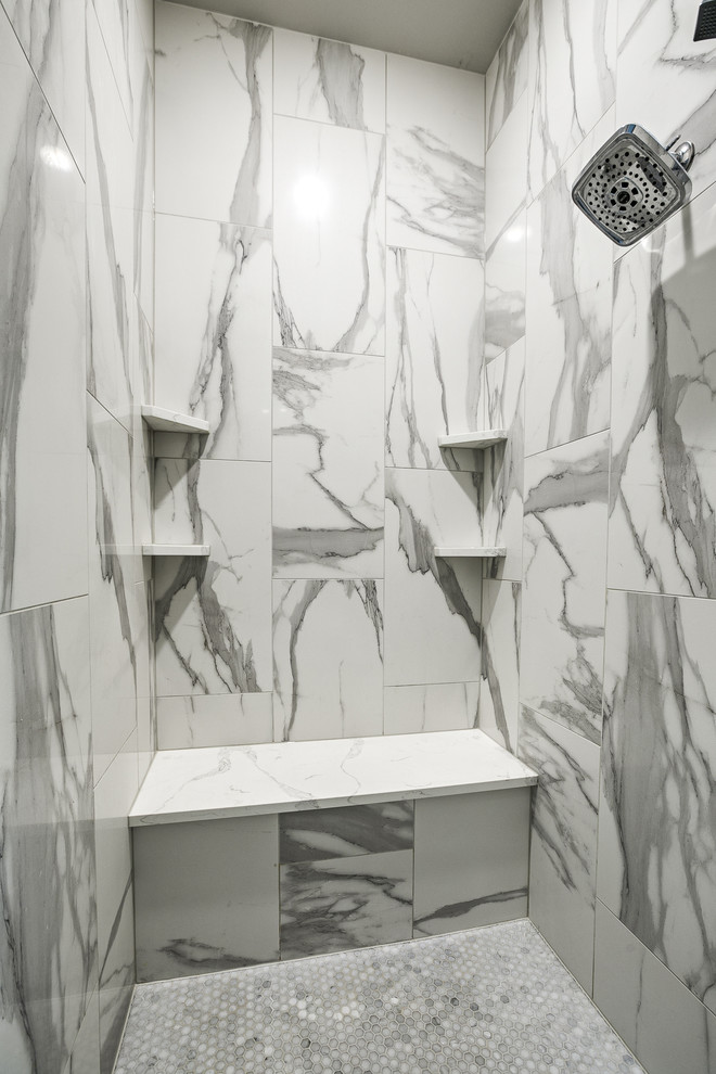Beach style master double shower photo in Omaha with shaker cabinets, gray cabinets, an undermount tub and an undermount sink