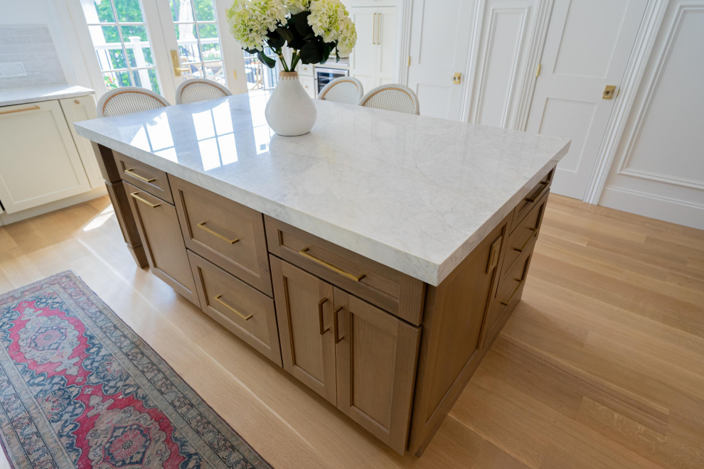 Inspiration for a transitional kitchen remodel with recessed-panel cabinets and white cabinets