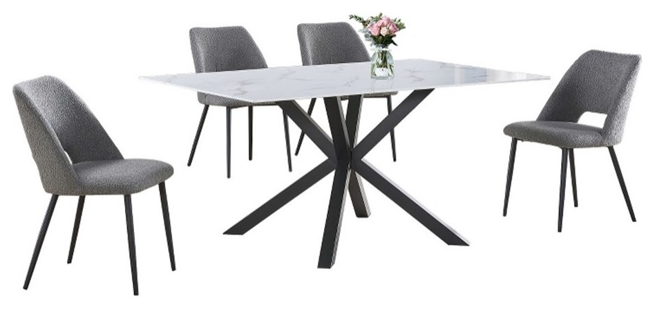 5pc White Marble Wrapped Dining Table with Tempered Glass and Gray Chairs