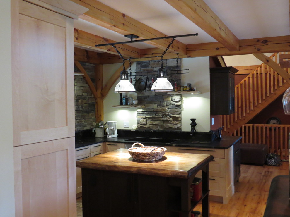 Large mountain style u-shaped light wood floor eat-in kitchen photo in Toronto with shaker cabinets, granite countertops, stone tile backsplash, an island, an undermount sink, light wood cabinets, gray backsplash and stainless steel appliances