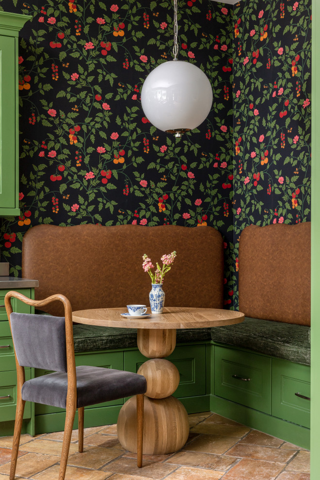 Huge transitional brown floor and wallpaper breakfast nook photo in Salt Lake City with multicolored walls