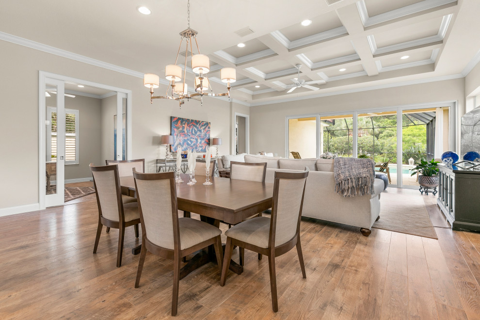 Inspiration for a transitional open plan dining in Jacksonville with beige walls, medium hardwood floors, brown floor and coffered.