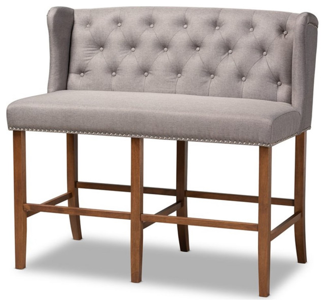 Bowery Hill Grey Upholstered Walnut Finished Bar Stool Bench