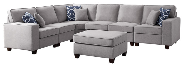casanova 7pc modular sectional sofa ottoman in light gray linen