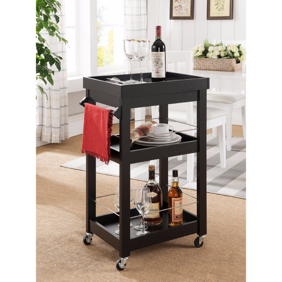 Contemporary Style Wine Cart With Two Shelves, Black Transitional Bar Carts by Benzara