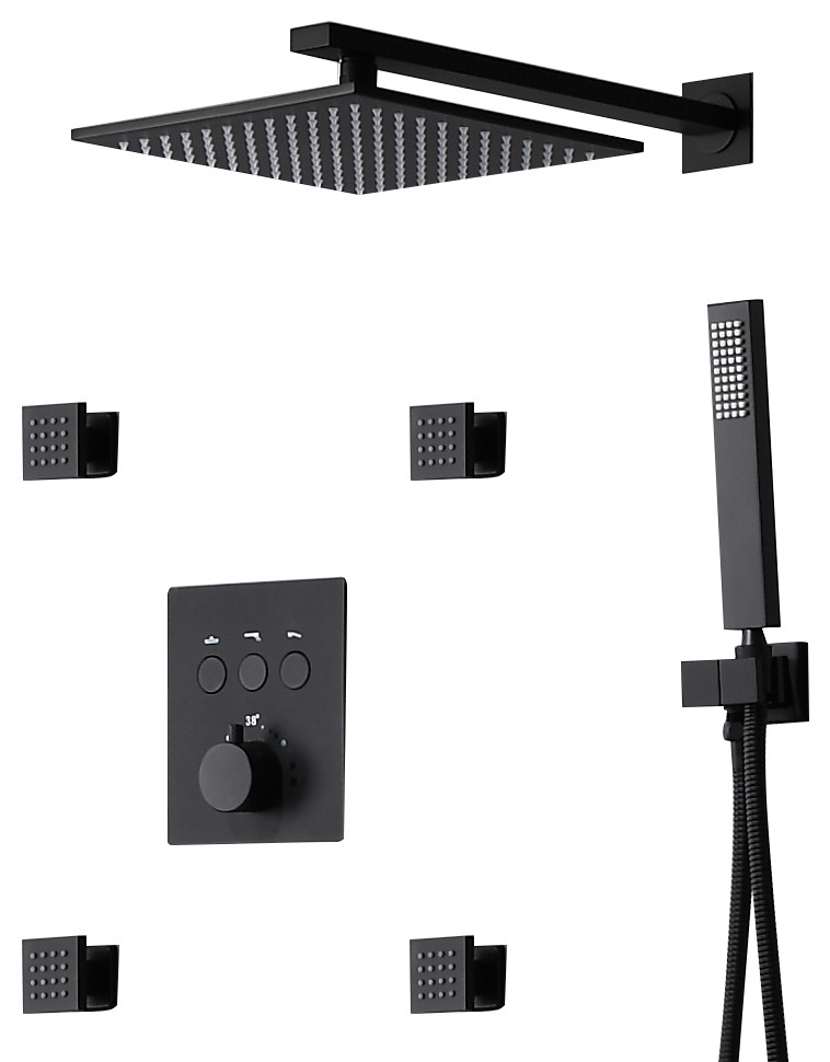 Details about   Matte Black LED Thermostatic Shower Faucet Rainfall Massage Jets W/Hand Spray1