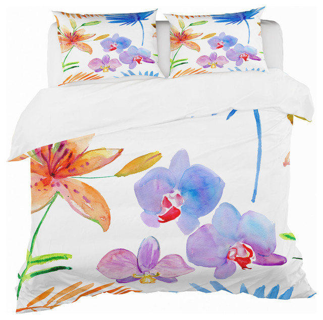 Watercolour Orchids Floral Duvet Cover Set, King + 2 Shams