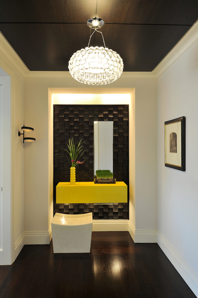 Photo of a contemporary entryway in New York with white walls and dark hardwood floors.